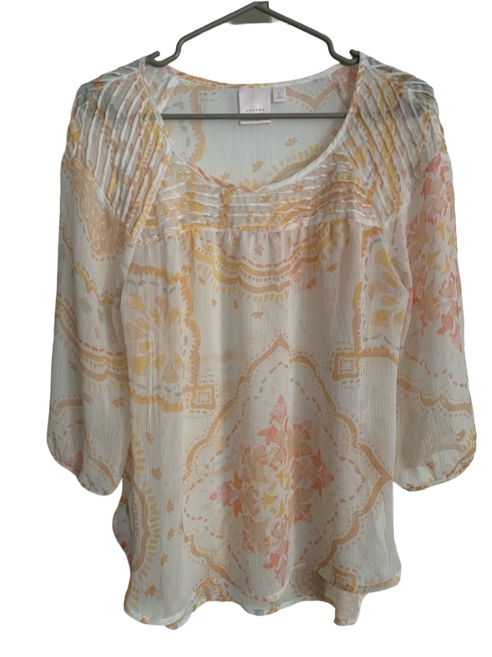 LC LAUREN CONRAD Women’s Sheer Cream Peach Pink Print 3/4 Sleeve Blouse
